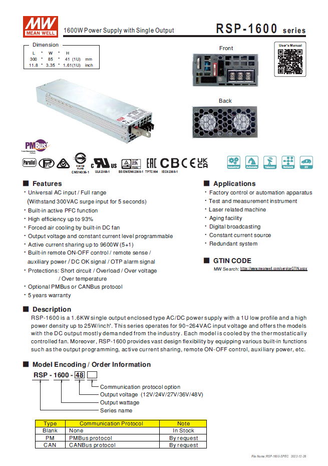 Meanwell Rsp V A Chassis Mount Power Supply